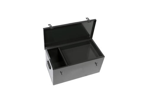 COFFRE DE CHANTIER AVEC PLATEAU ET 2 FERMOIRS TYPE PORTE CADENAS