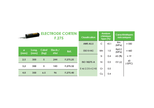 ELECTRODE ACIER - CORTEN -  F.275 Ø2,5 LG 350MM